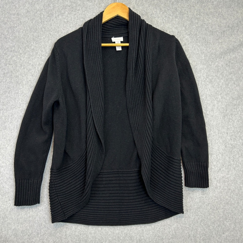 Chico's Knit Cardigan Sweater Black Shawl Collar Open Front Ribbed Size 2 / US L